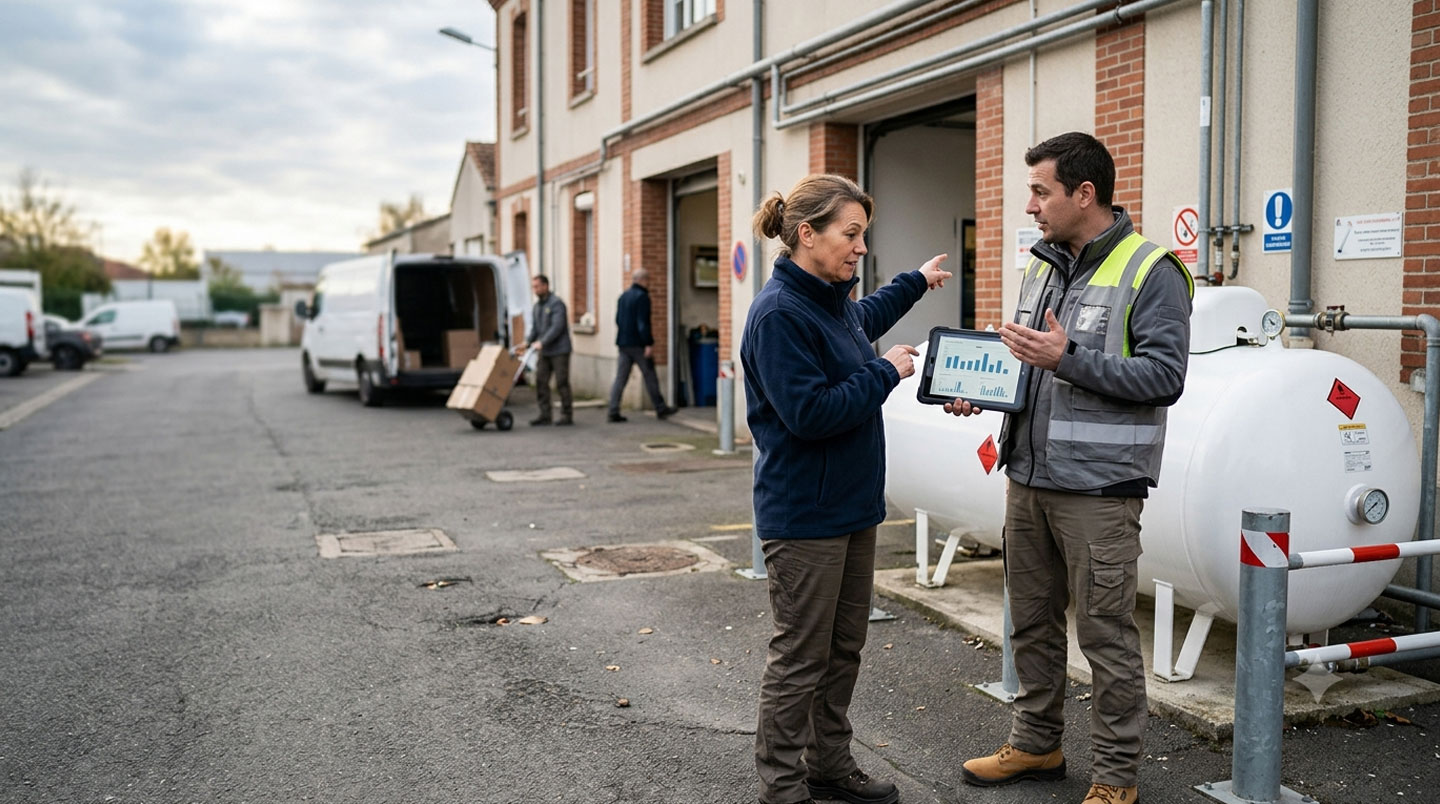 Citerne de gaz propane de 1750 litres installée dans la zone technique d'un restaurant professionnel français