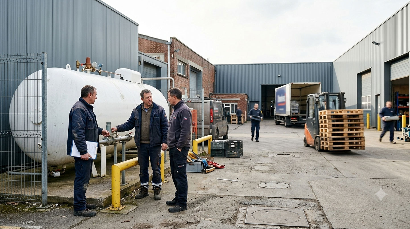 Citerne de gaz propane de 1750 litres installée dans la zone technique d'un restaurant professionnel français