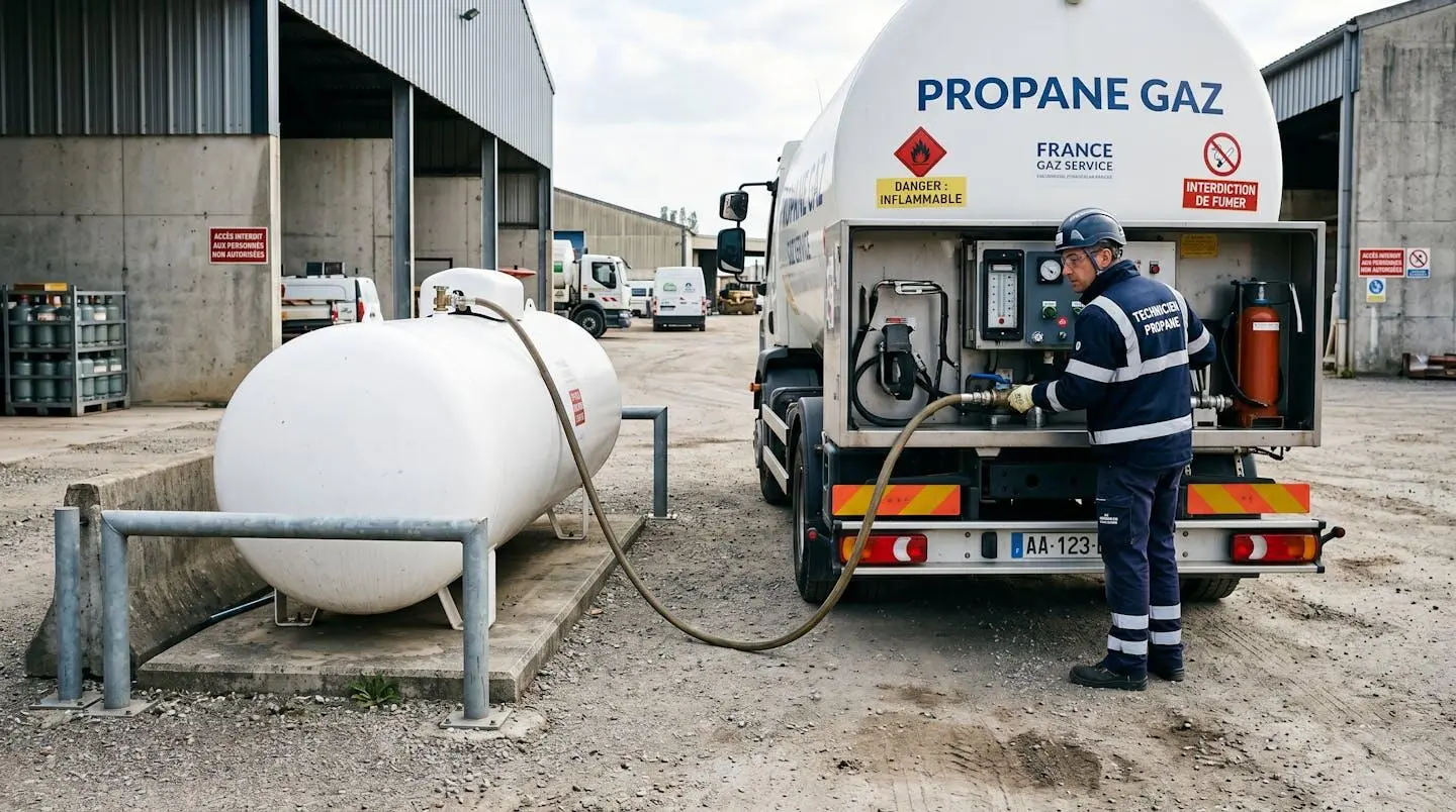 Camion de livraison de gaz propane en opération de remplissage d'une citerne professionnelle avec technicien superviseur en tenue de sécurité